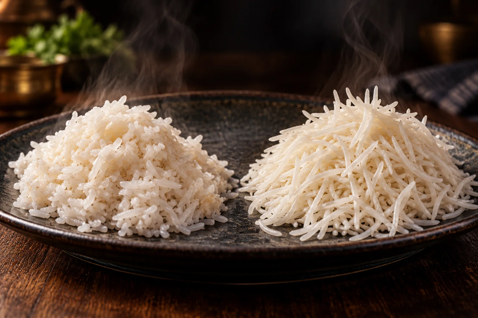 Two piles of cooked basmati side by side: shorter, slightly clumped new-crop grains and long, separate, elongated aged grains