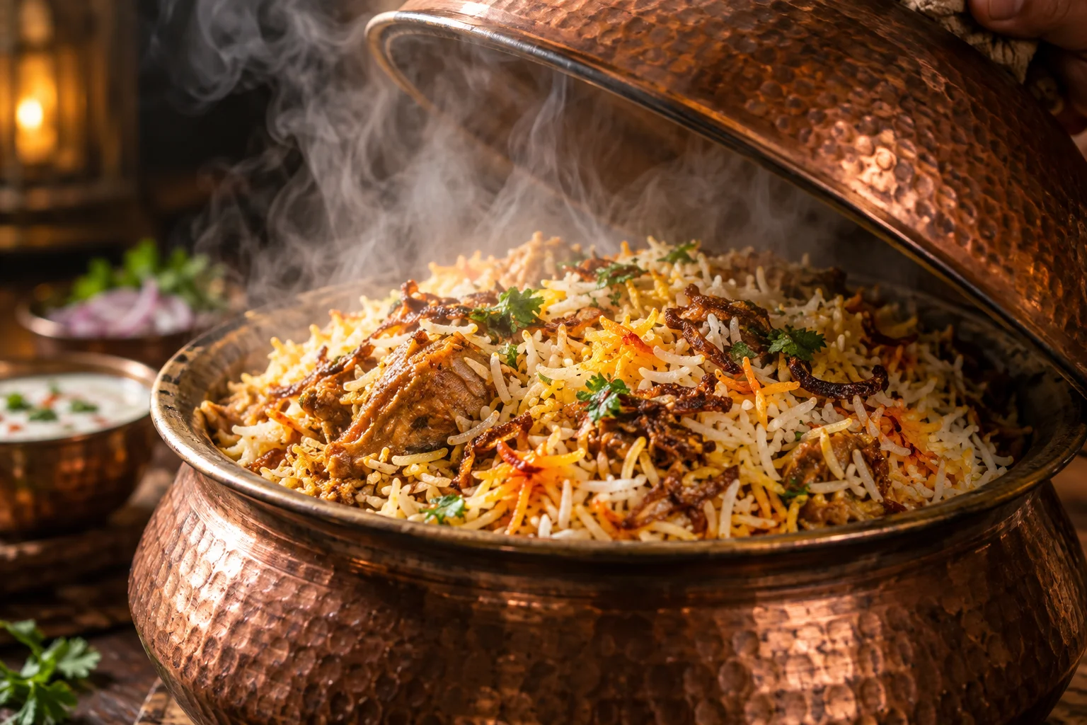 A pot of biryani being opened with long separate saffron-tinted aged basmati grains on top