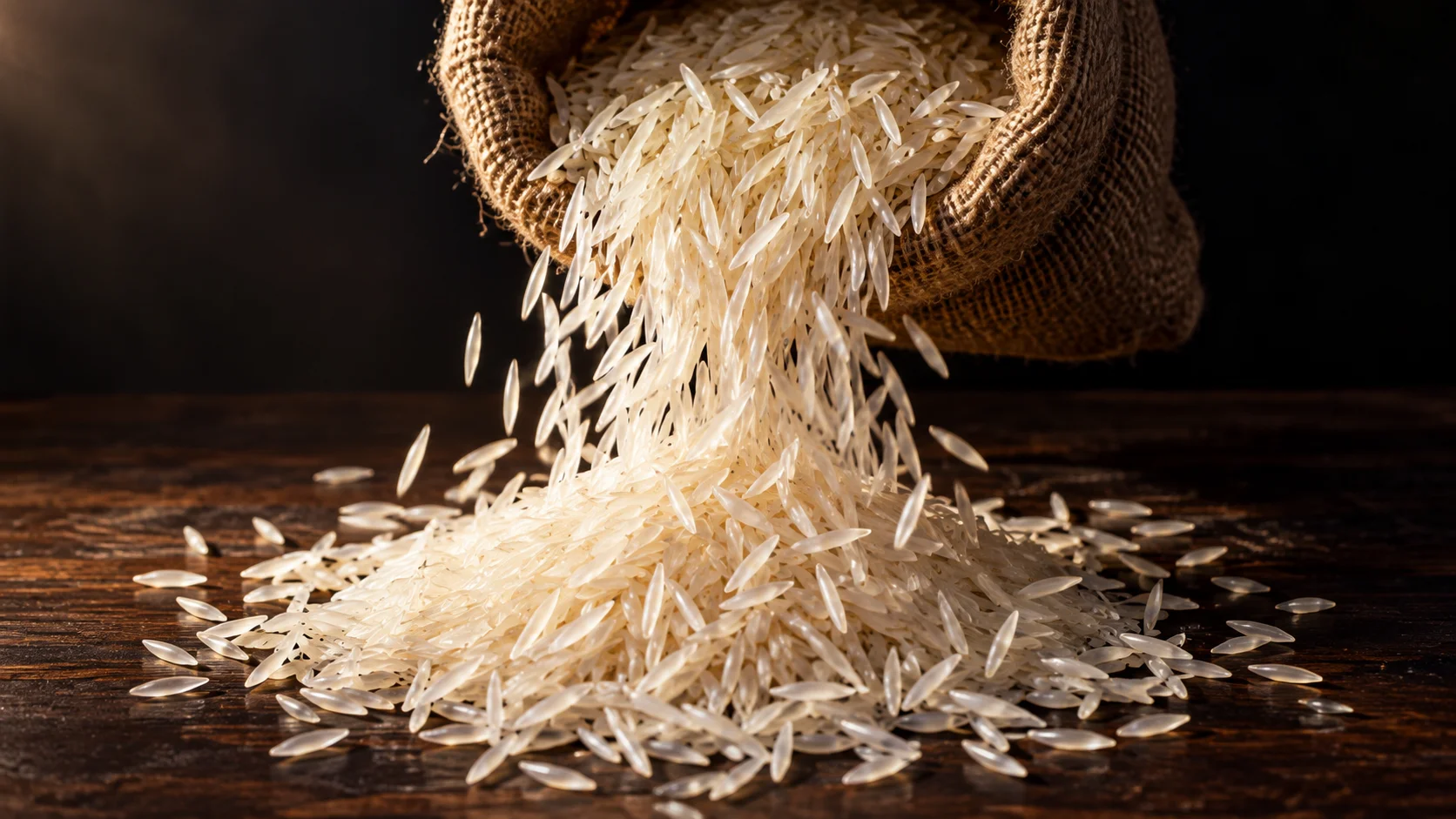 A scoop of long slender aged basmati rice grains spilling from a burlap sack onto a dark surface