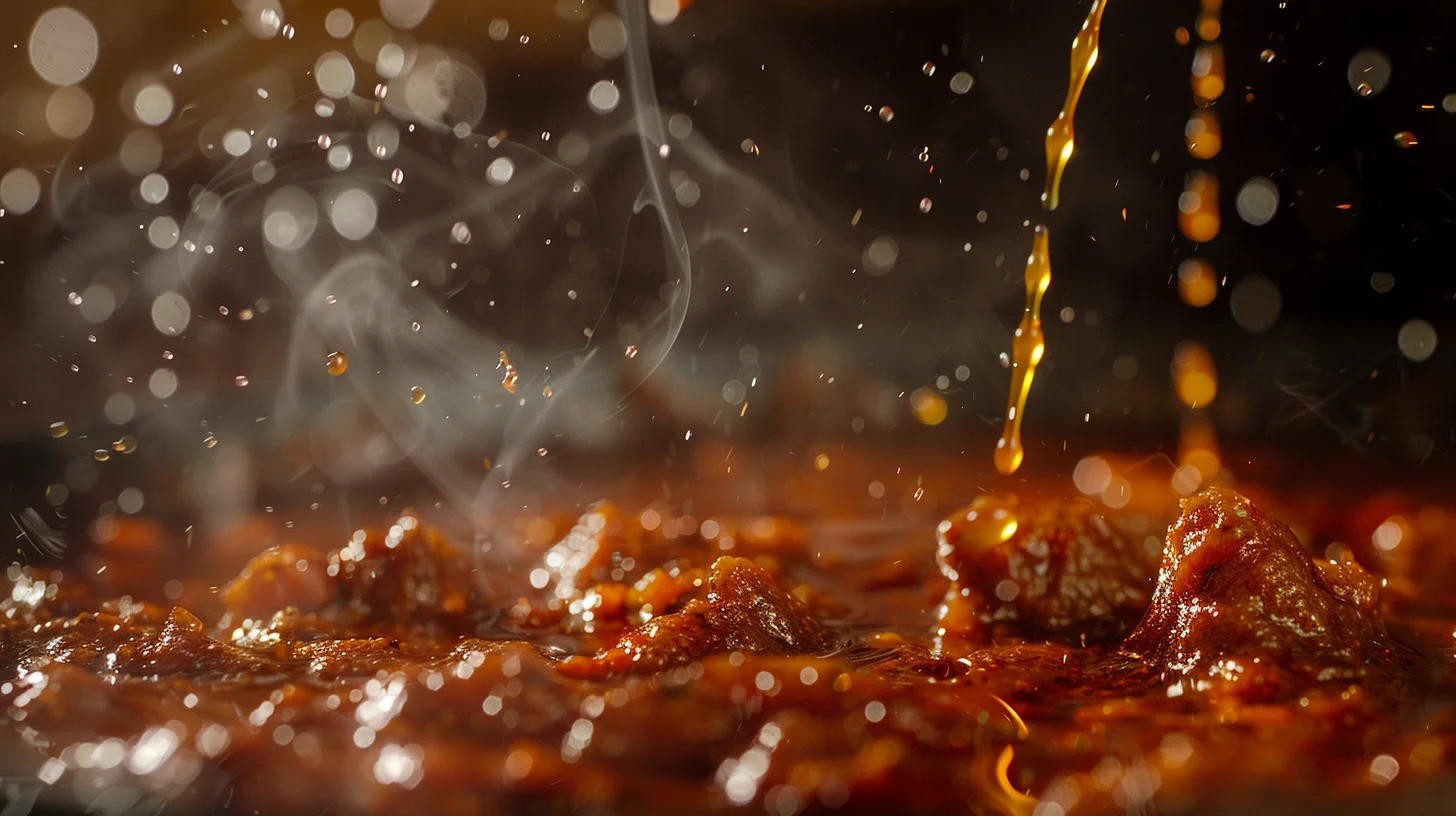Macro close-up of the signature red oil of Kashmiri rogan josh rising to the surface of the curry, ratan jot alkanet root visible, ruby droplets catching light with steam rising