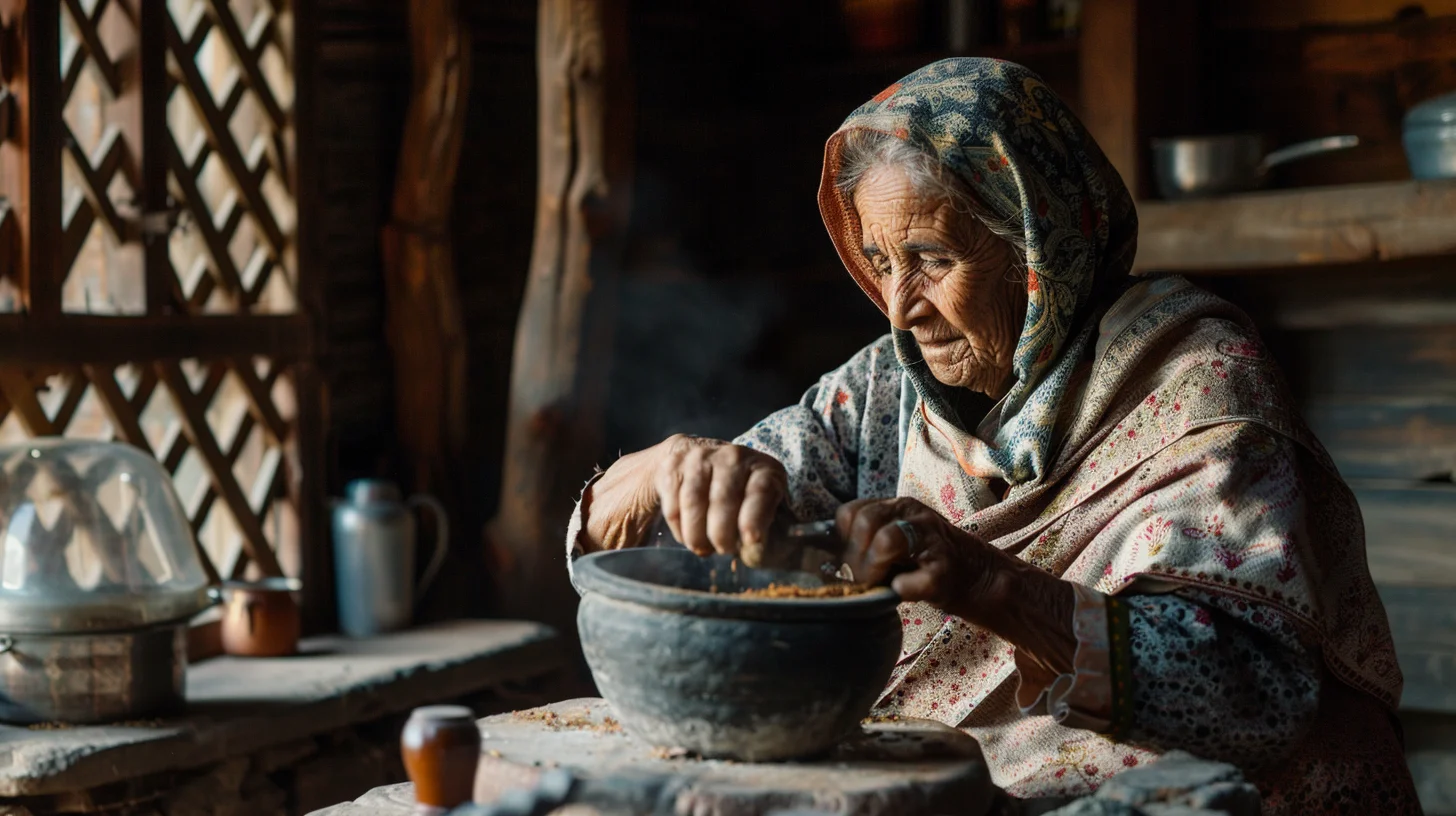 Elderly woman hand-grinding whole spices in a stone mortar in a traditional Kashmiri valley kitchen, wooden beams overhead, afternoon light through a wooden lattice window