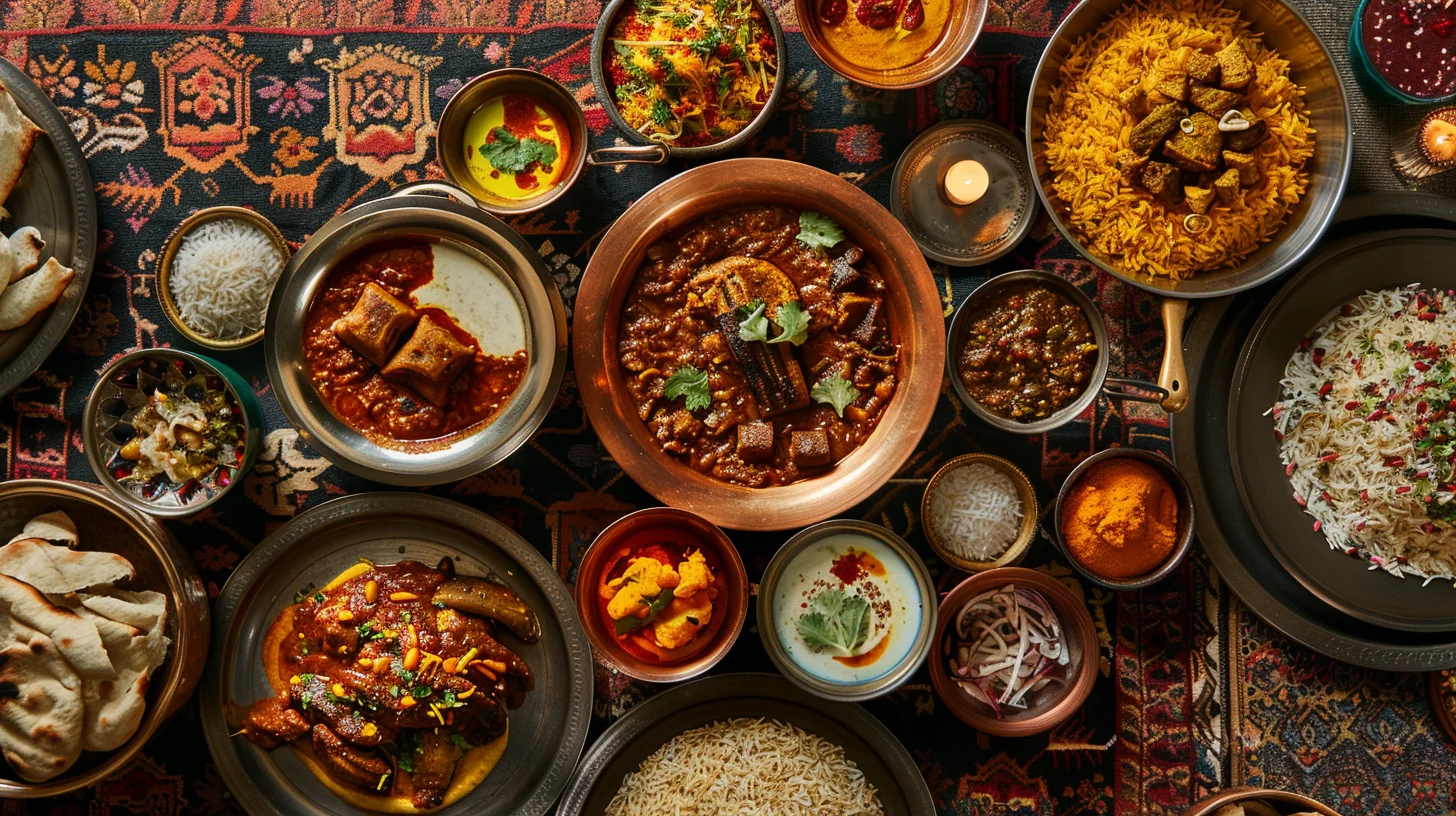 Kashmiri Wazwan feast scene — copper trami with multiple small portions including rogan josh as centerpiece, surrounded by yakhni, tabak maaz, gushtaba, and saffron rice on a traditional carpet