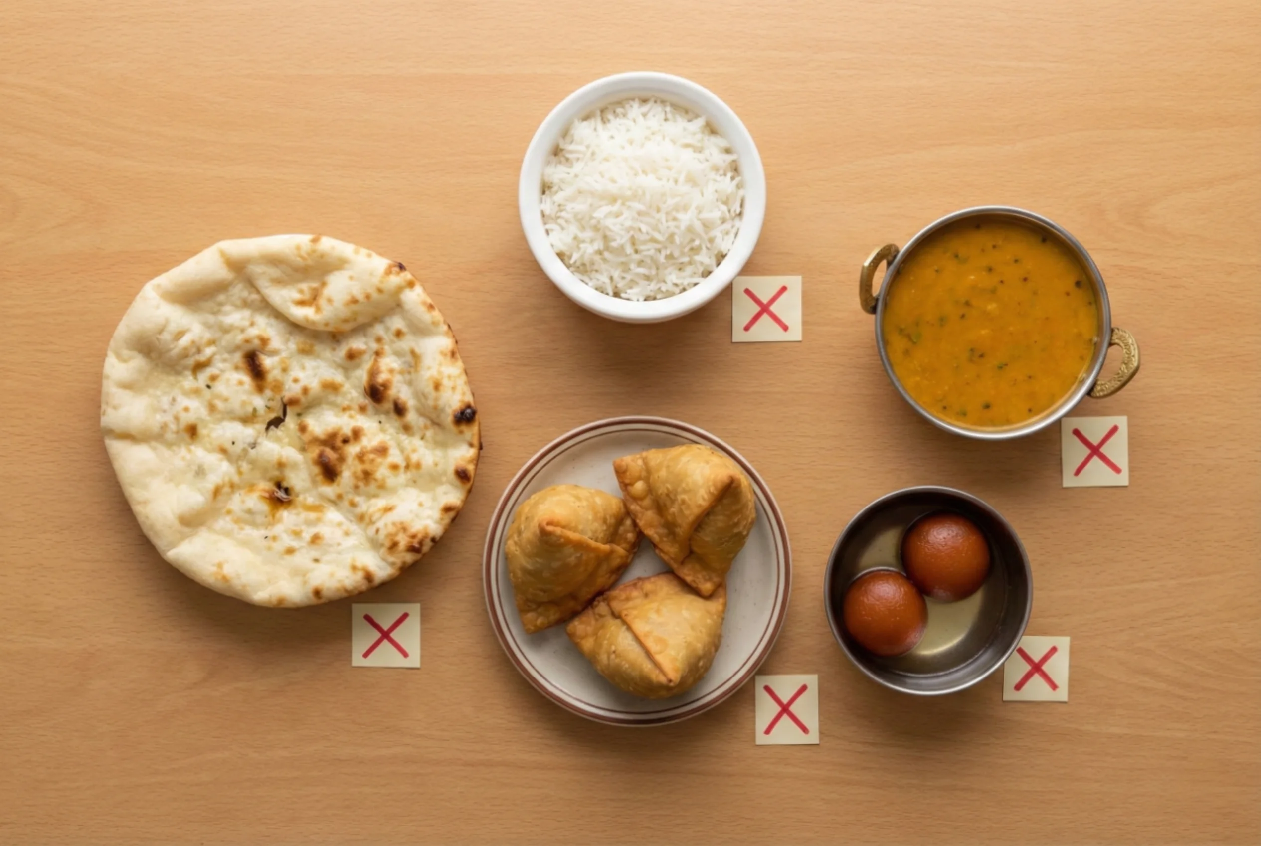 High-carb Indian foods to avoid on keto: naan, rice, samosas, and sweets