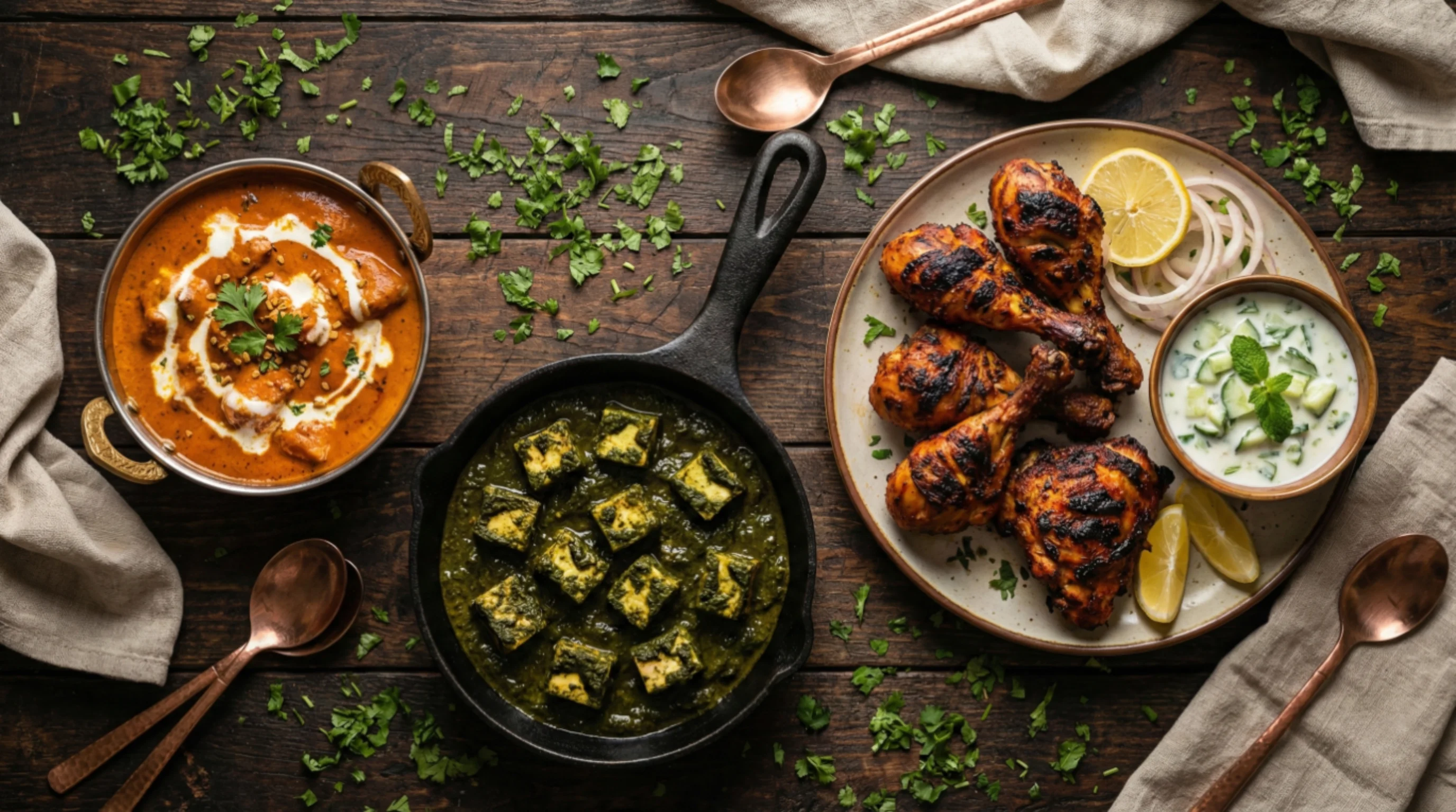 Keto-friendly Indian dishes including butter chicken, palak paneer, and tandoori chicken without rice or naan