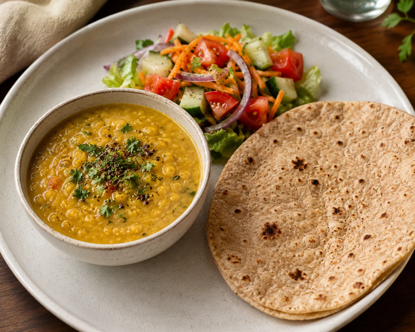 A light plate of dal, a fresh salad, and a whole-wheat roti