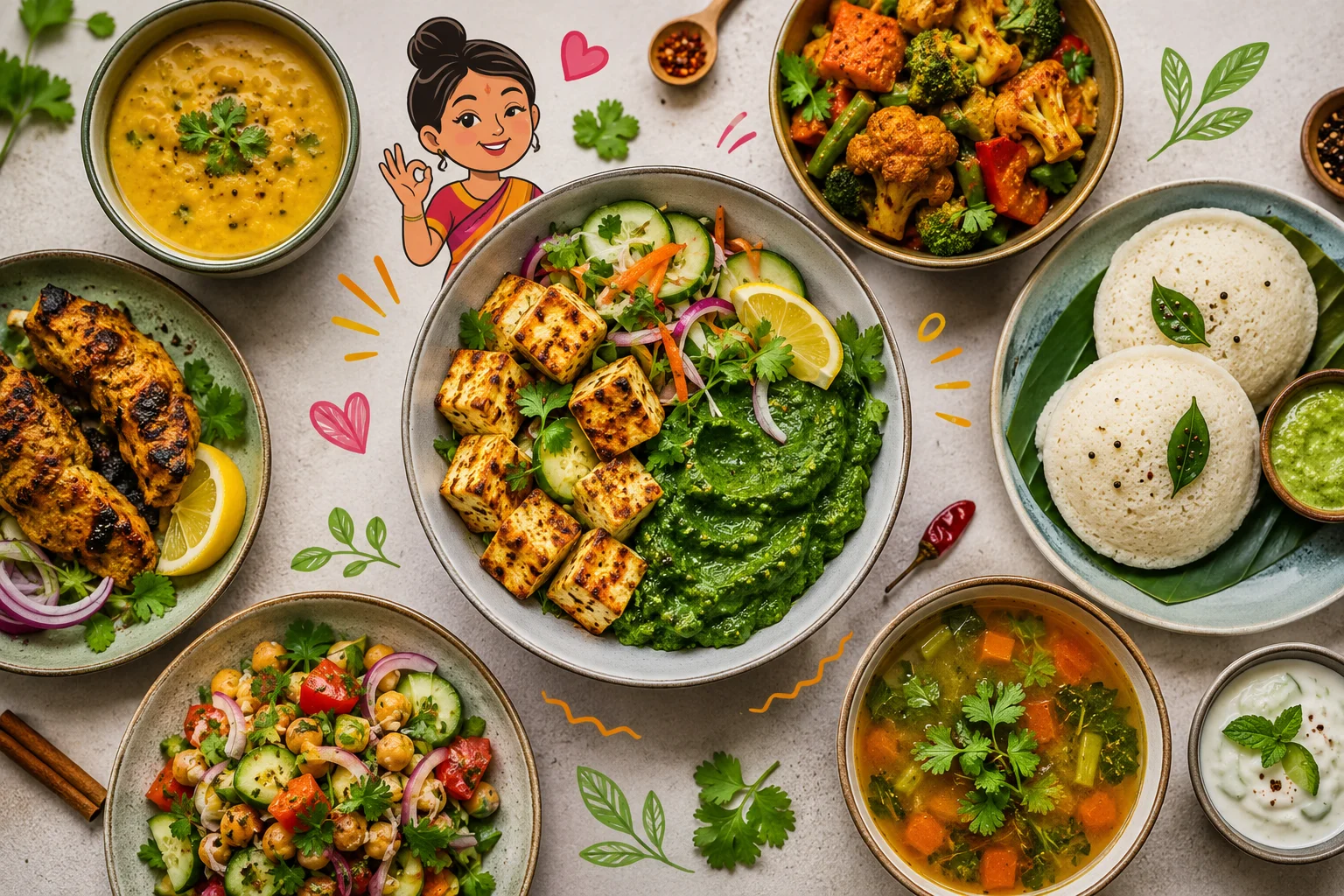 A light Indian meal of grilled tandoori chicken, dal, salad, and roti on a plate
