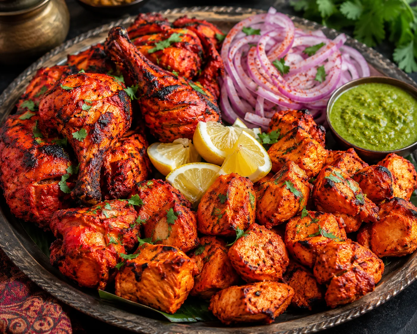A platter of grilled tandoori chicken and chicken tikka with lemon and onions