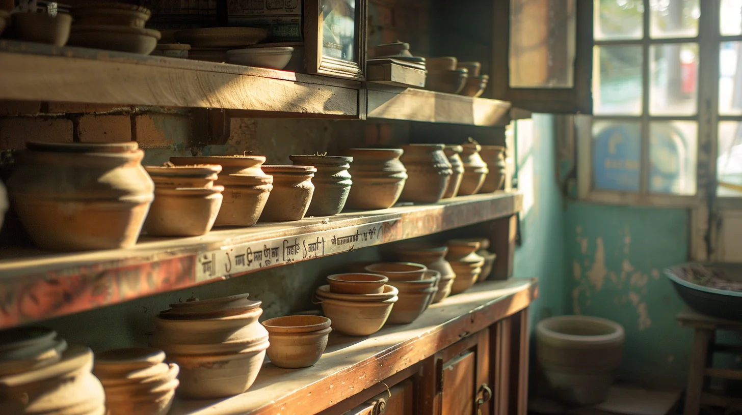 Rows of earthen clay pots of mishti doi stacked on wooden shelves in a traditional Kolkata sweet shop, warm afternoon light filtering in