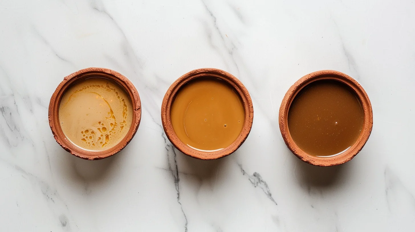 Three terracotta bowls of mishti doi side by side on white marble, showing three distinct shades — pale ivory from white sugar, deep caramel brown from jaggery, rich golden amber from nolen gur