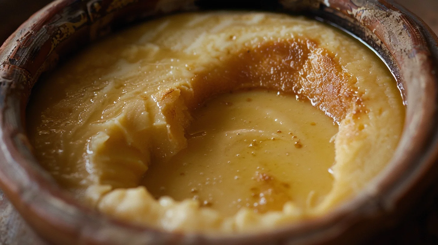 Close-up of set mishti doi in a rustic clay matka, caramelized surface with faint cracking, yogurt pulled cleanly away from the porous terracotta walls