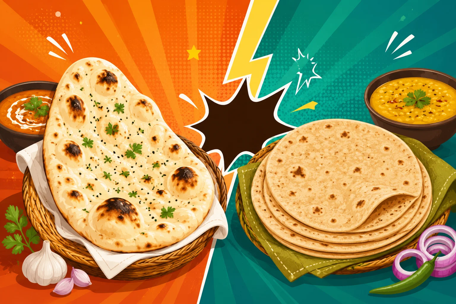 Soft leavened naan next to a stack of thin whole-wheat roti on a dark surface