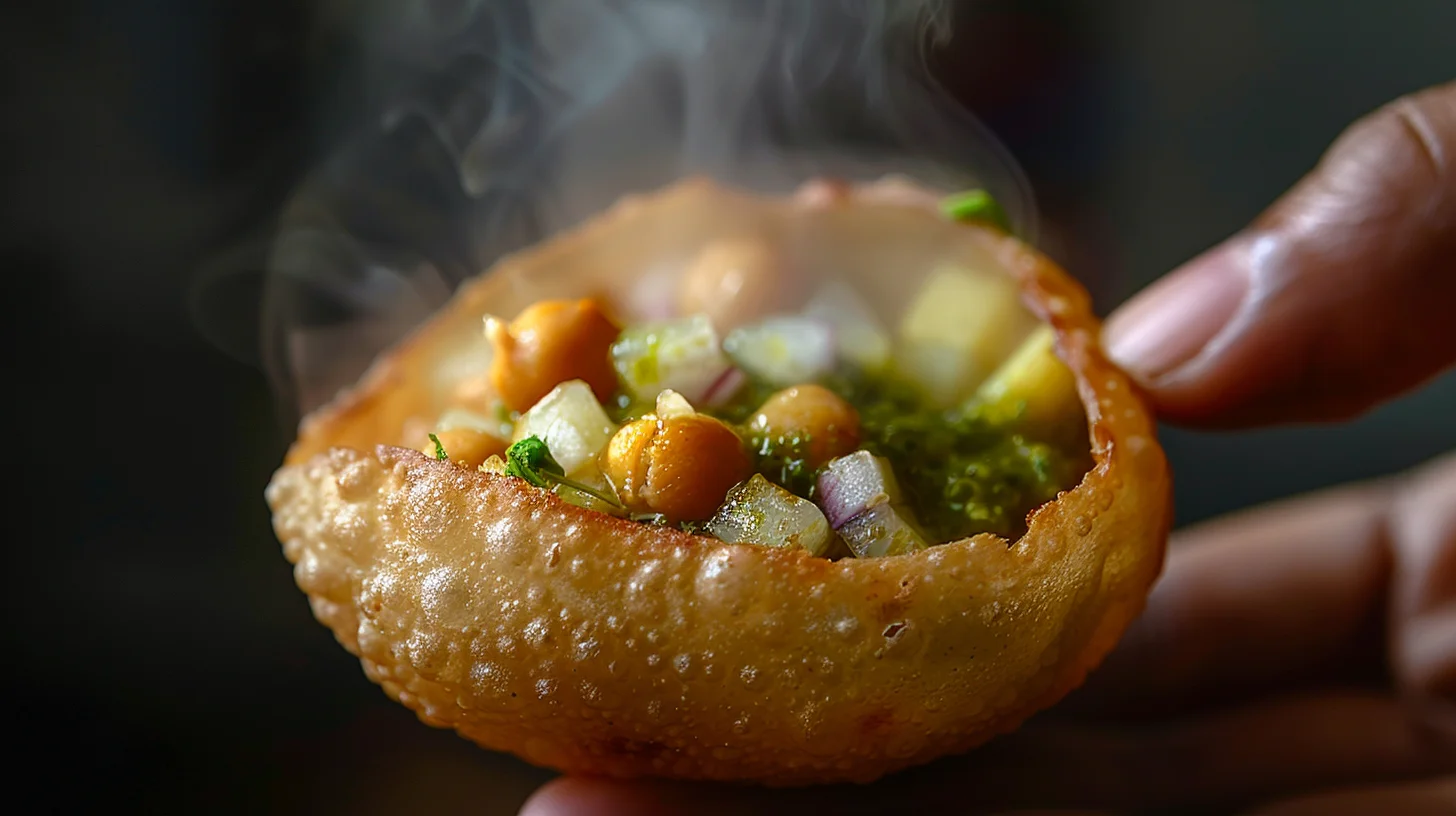 A single crisp pani puri shell held in fingers, filled with spiced green water, onions, chickpeas, and potato with steam rising from the filling