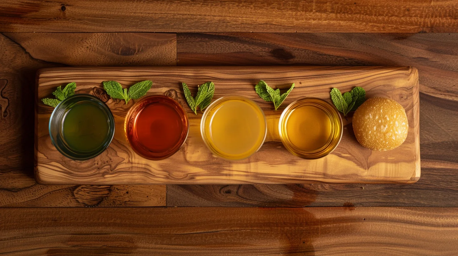 Four small shot glasses on a wooden serving board, each holding a different colored pani puri water — emerald mint, amber tamarind, sunshine yellow khatta, and a pale jaljeera — with a crisp puri beside them