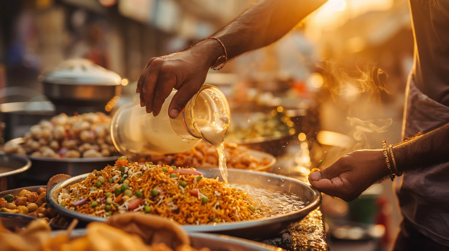 A chaat vendor pouring pani puri water at a busy Indian street stall at golden hour, hands in frame, steam rising from a platter of colorful garnishes