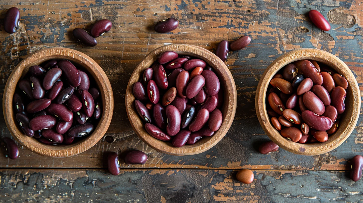 Three small wooden bowls showing three varieties of rajma kidney beans — dark burgundy Jammu Bhaderwahi on the left, classic red kidney beans in the middle, mottled lighter Kashmiri rajma on the right — with beans scattered on a rustic wooden surface