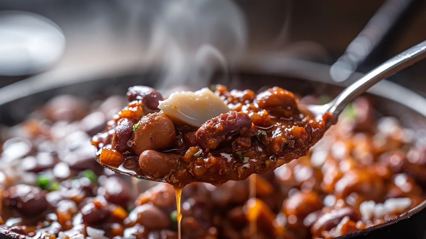 Close-up macro of a spoonful of rajma chawal being lifted, tender kidney beans in glossy brown gravy mixed with basmati rice, a pat of ghee melting on top and dripping down, steam rising