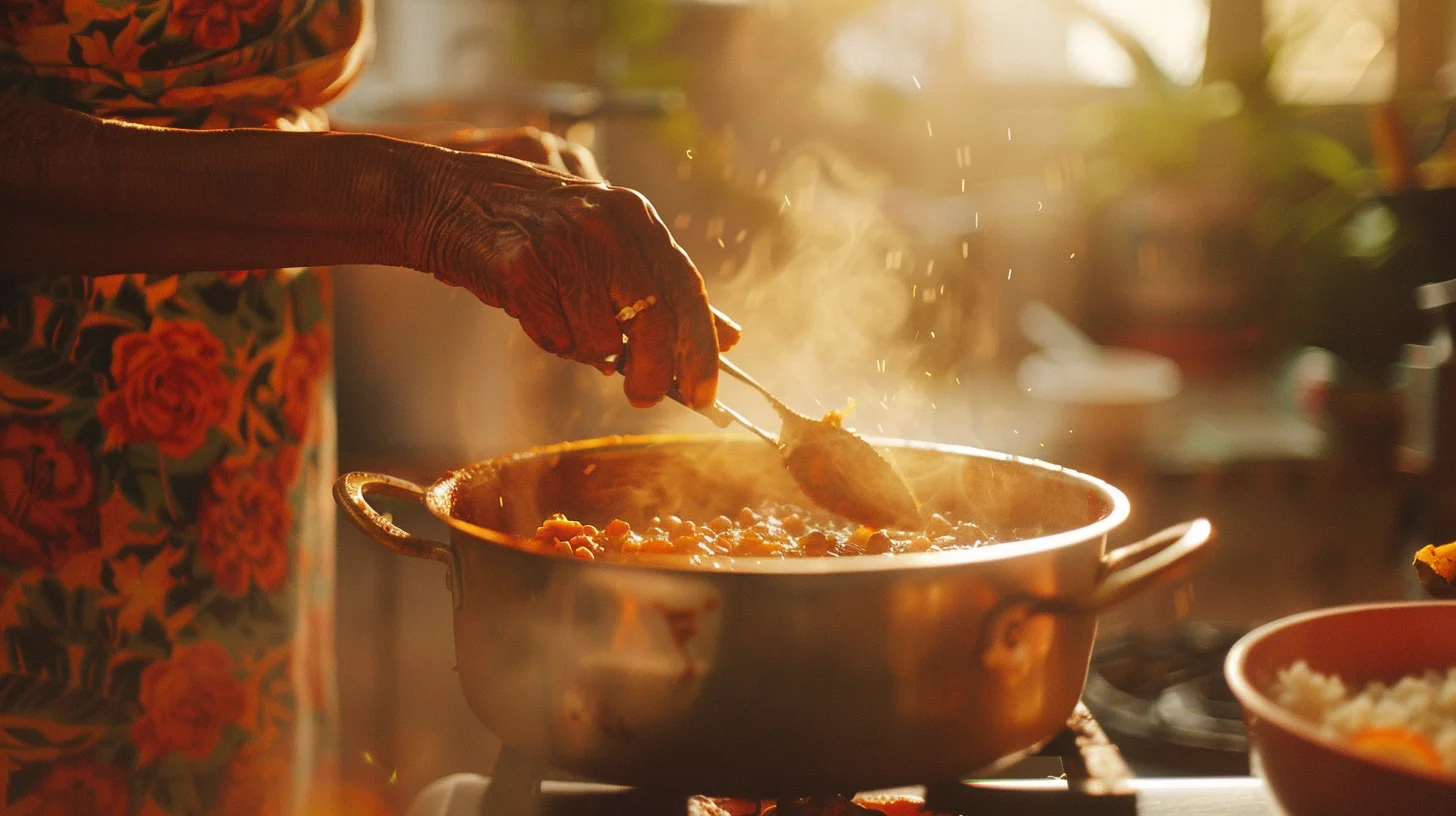 A mother stirring steaming rajma in a large heavy-bottomed steel pot in a warmly lit North Indian kitchen, afternoon sunlight streaming through a window, documentary photograph