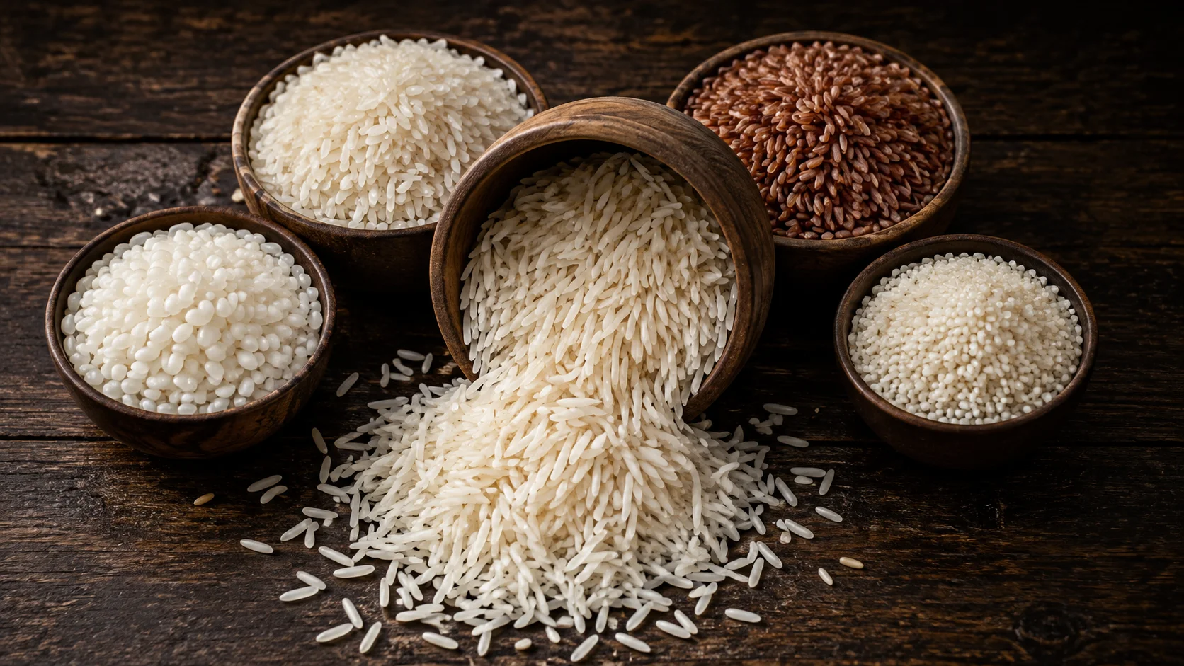 Five small bowls of uncooked rice on a wooden board: long basmati, medium sona masoori, red matta, short idli rice, and tiny gobindobhog