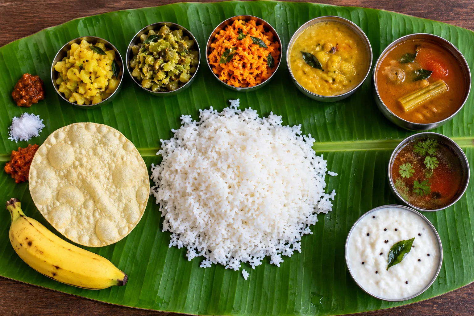 Overhead of a South Indian meal with sona masoori rice, sambar, rasam, and curd rice in small bowls on a banana leaf