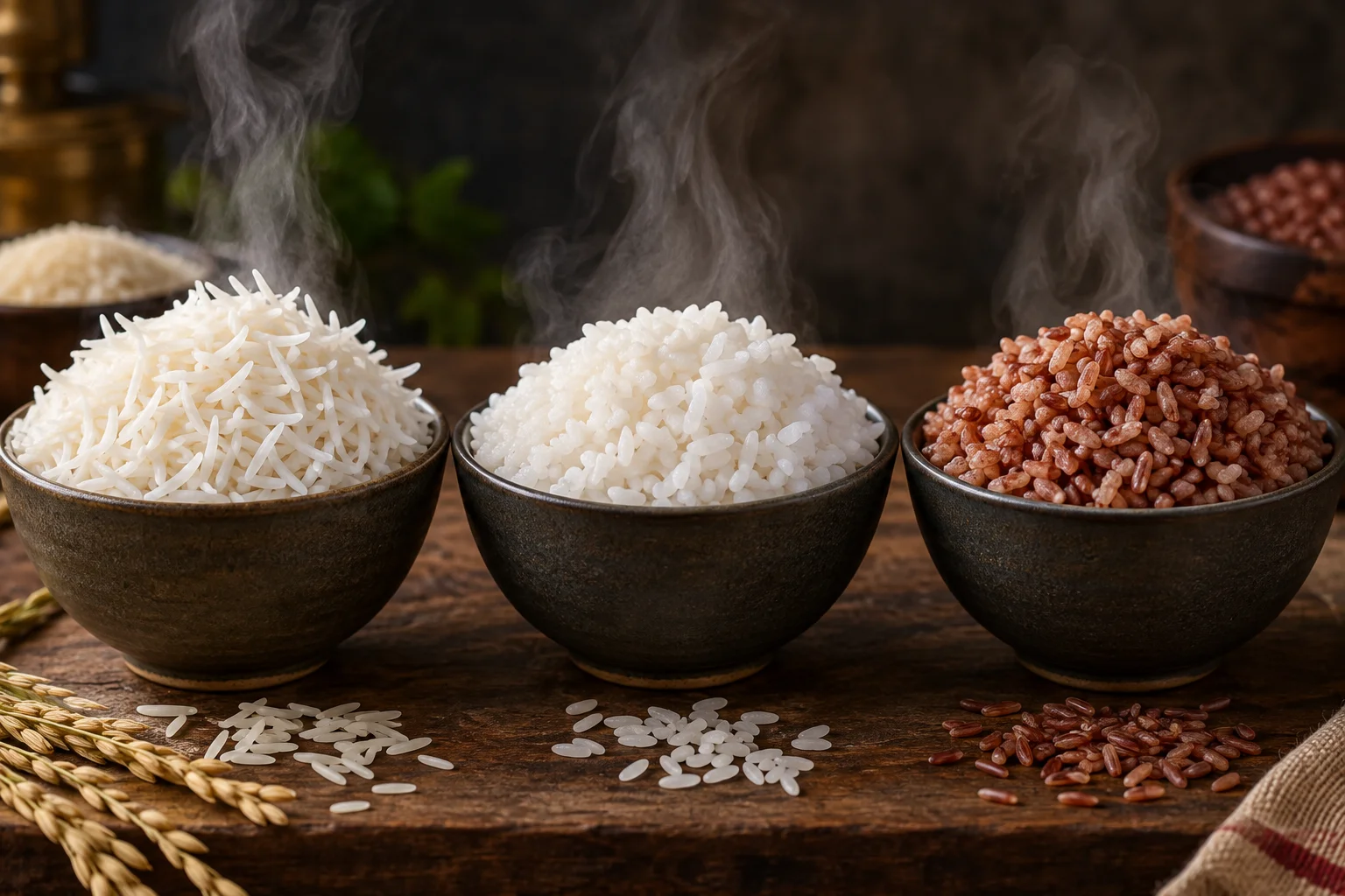 Cooked basmati, sona masoori, and matta rice side by side in three bowls showing the difference in grain length and colour