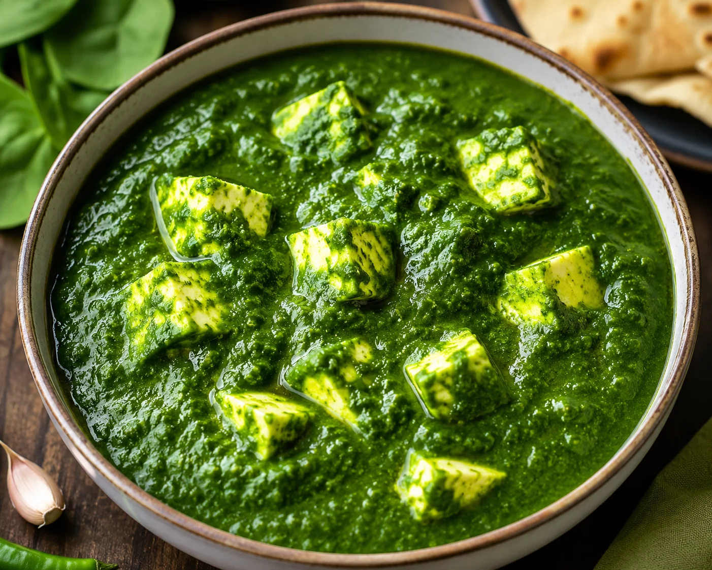 Bright green pureed palak paneer with cubes of paneer in a bowl