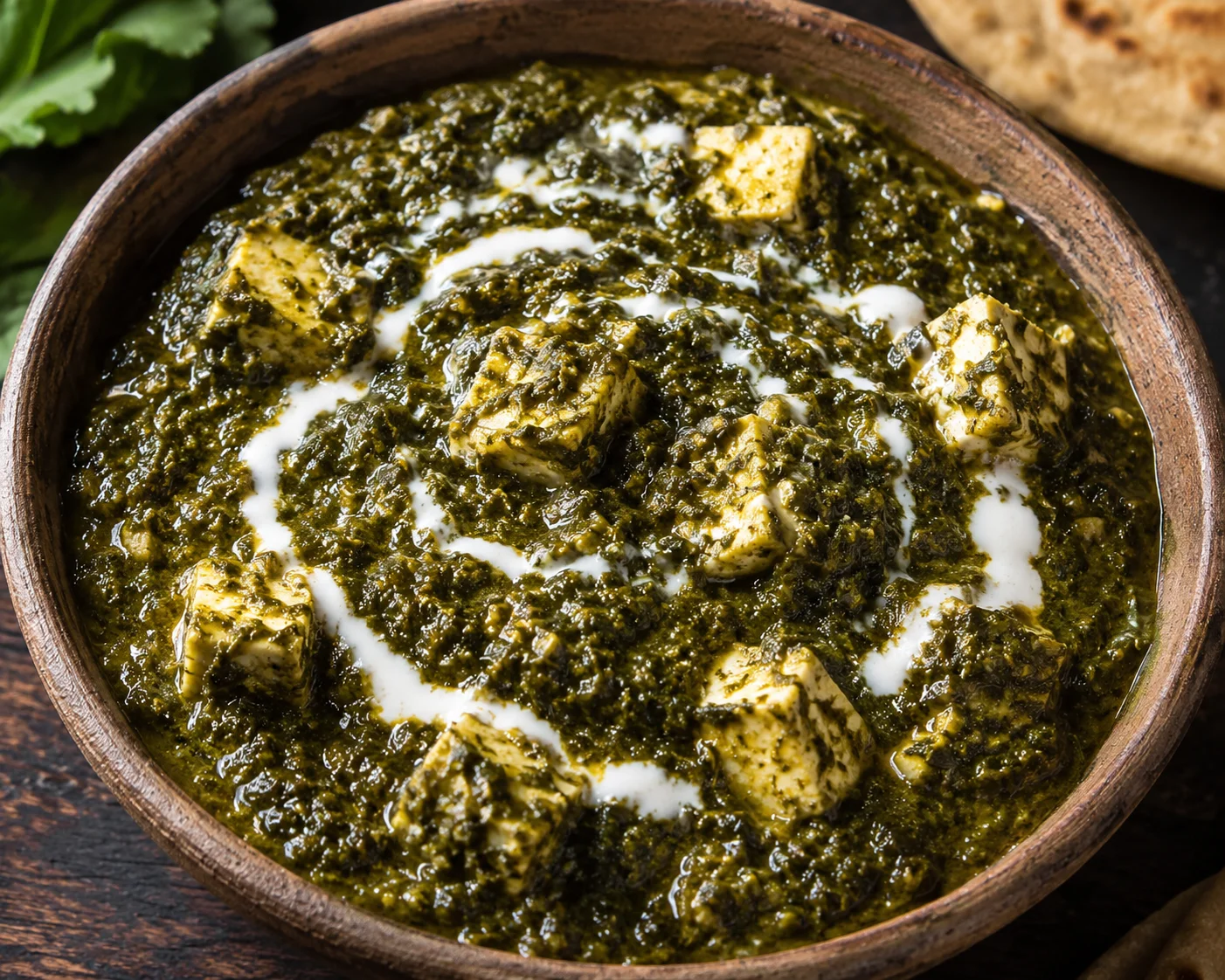 Darker, rustic mustard-greens saag paneer topped with a swirl of cream