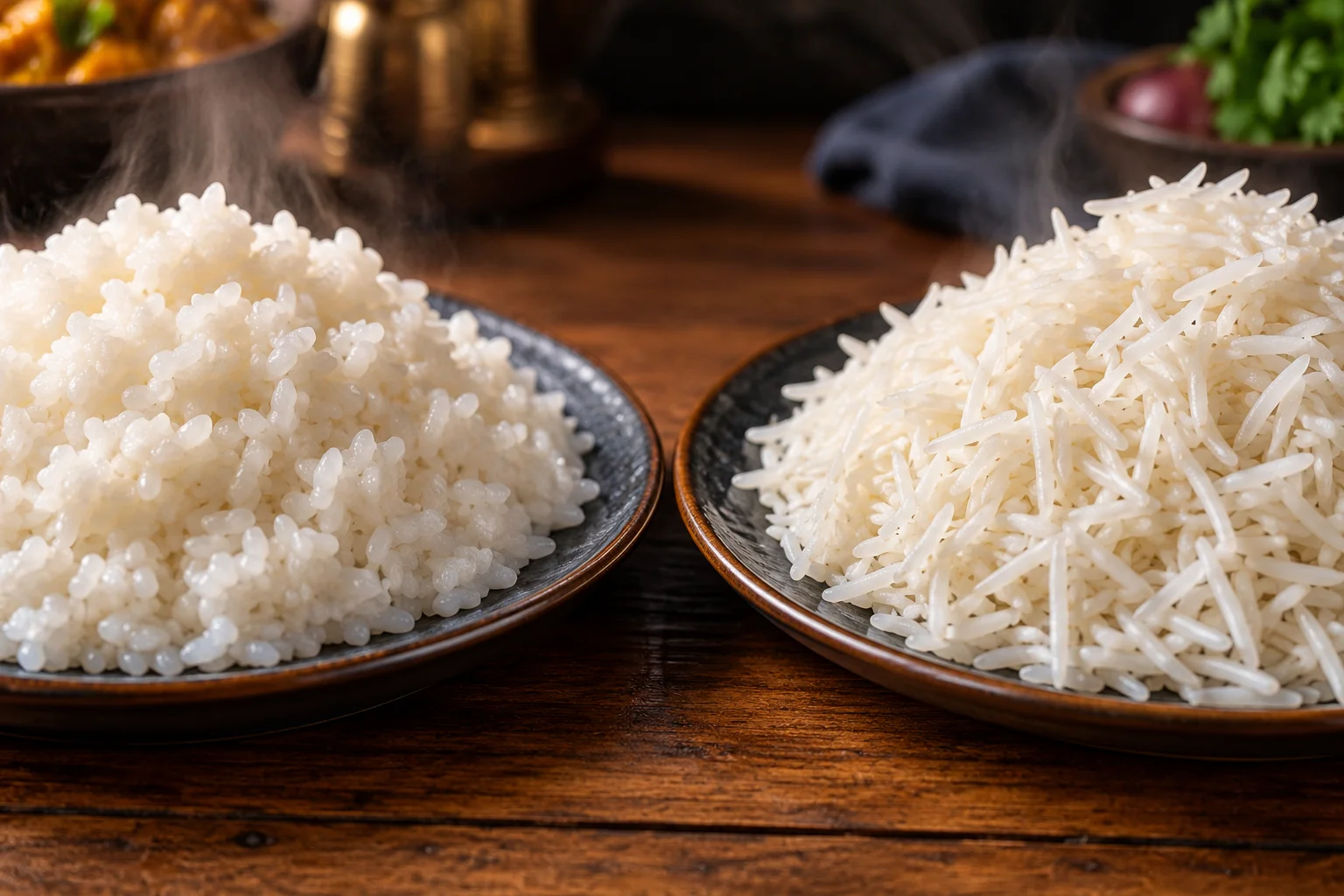 Cooked sona masoori and cooked basmati on two plates, showing soft clustered medium grains beside long separate fluffy grains