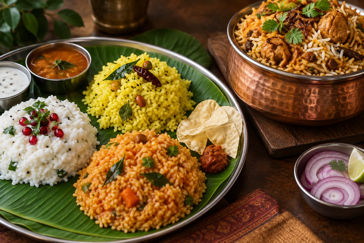 A South Indian plate of curd rice, lemon rice, and sambar rice made with sona masoori, next to a small bowl of biryani made with basmati