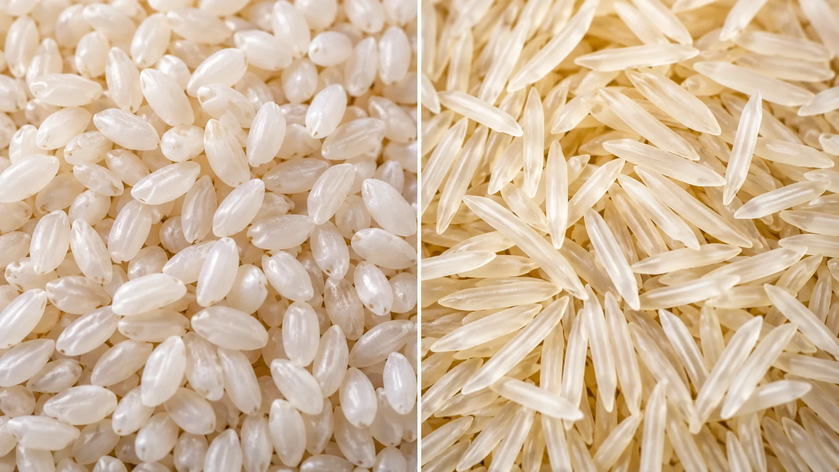 Two bowls of uncooked rice side by side: short plump sona masoori grains on the left and long slender basmati grains on the right