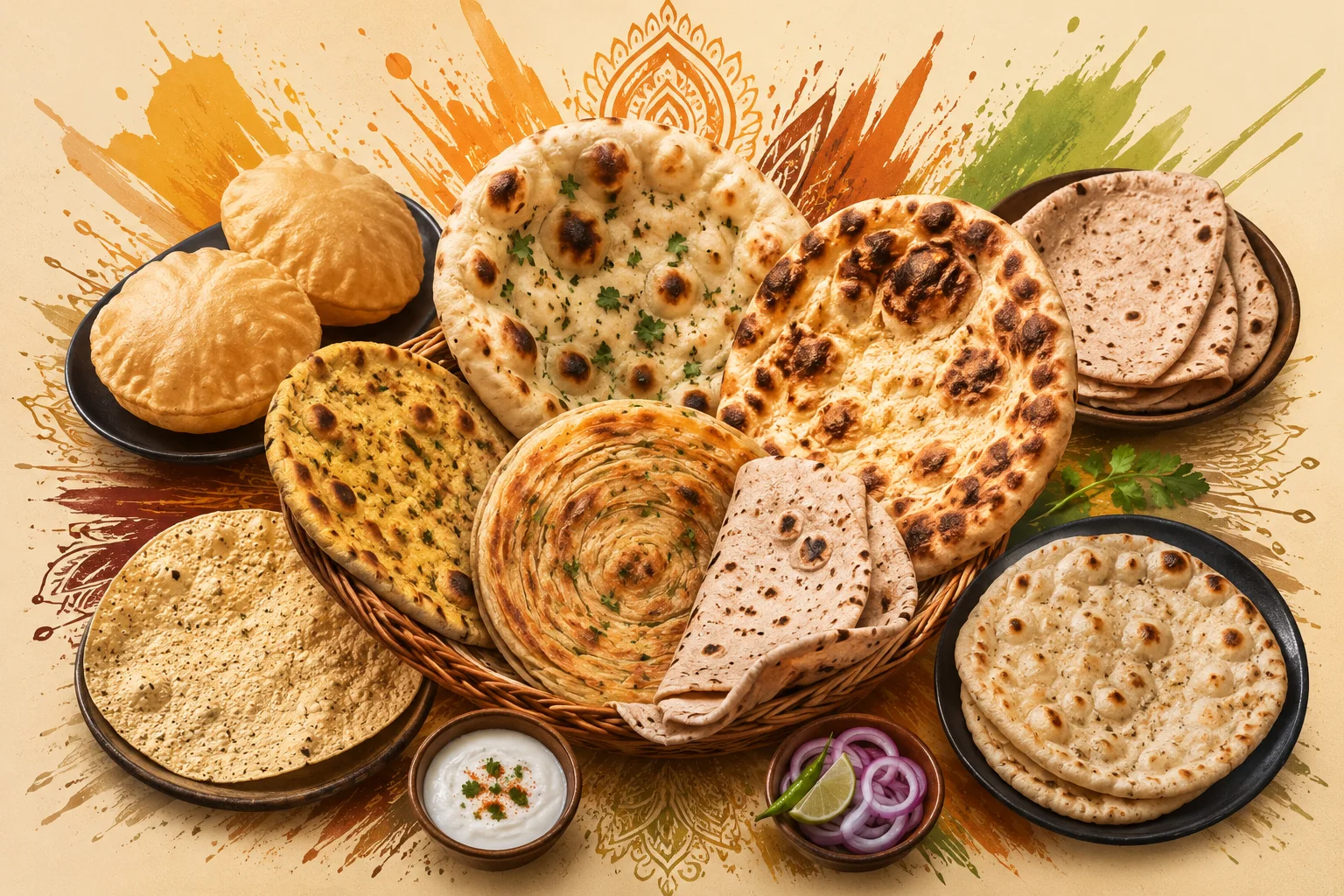 An overhead spread of many Indian breads including naan, roti, paratha, puri, and dosa