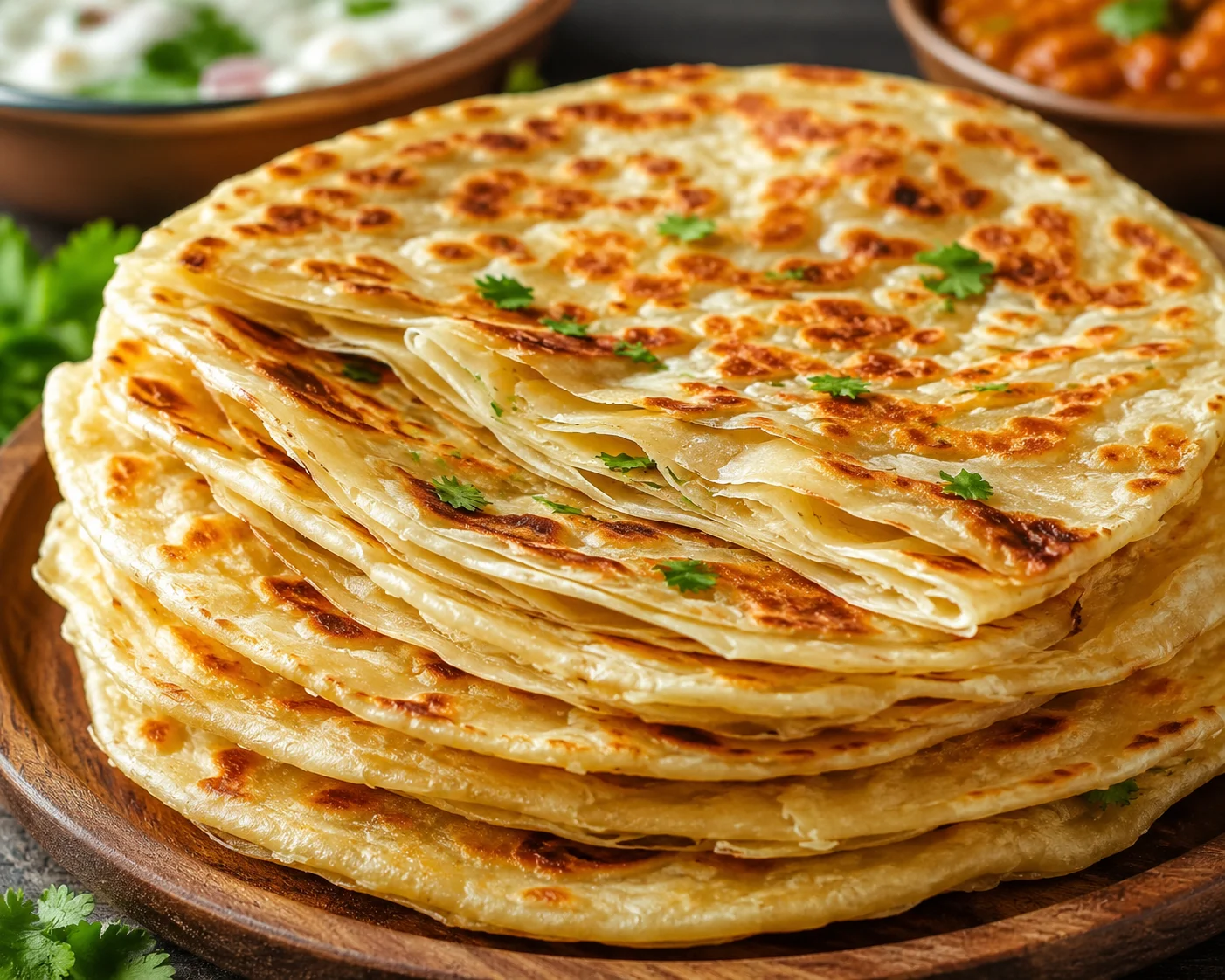 A stack of flaky layered parathas with visible crisp layers