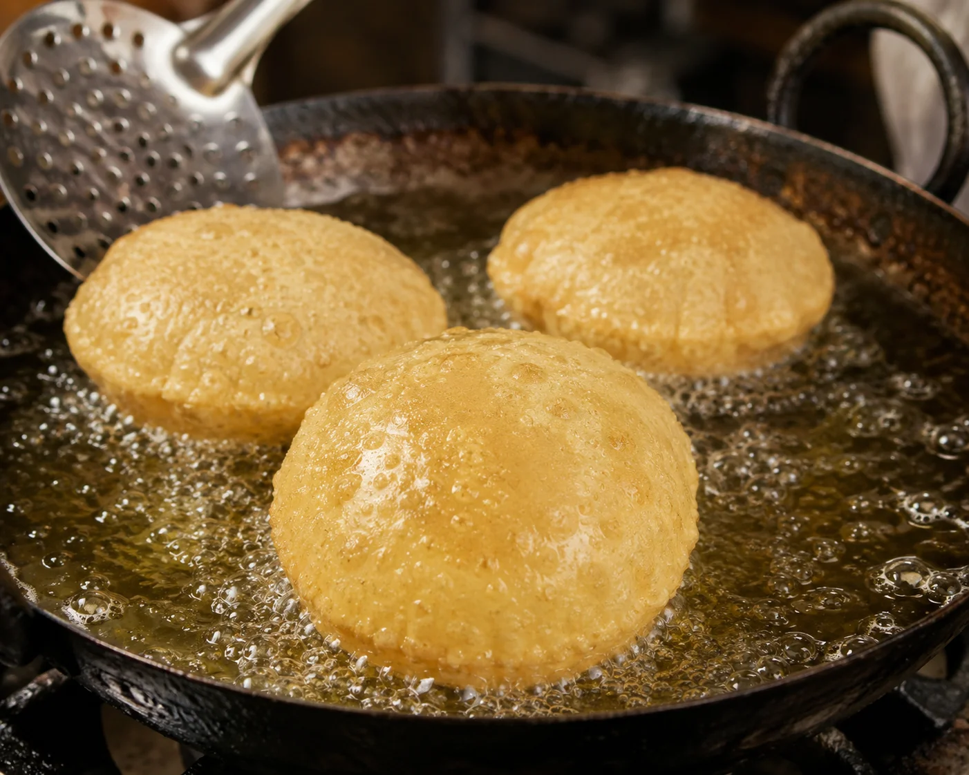 Golden deep-fried puris puffing up in hot oil