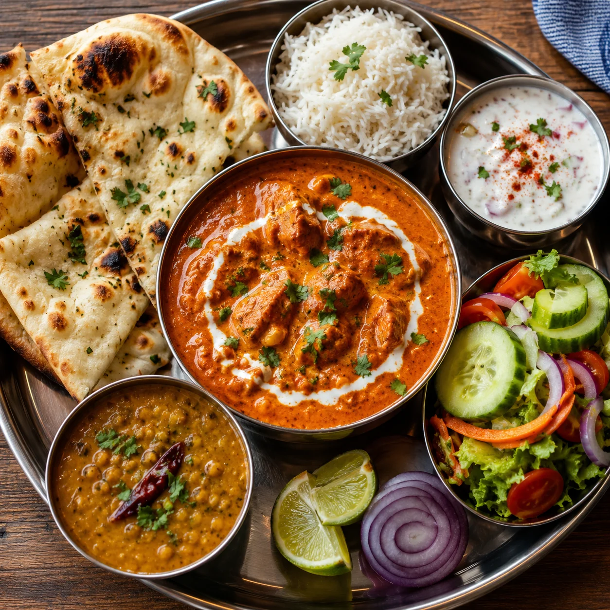 A full butter chicken thali with naan, rice, raita, salad, and dal arranged around the curry