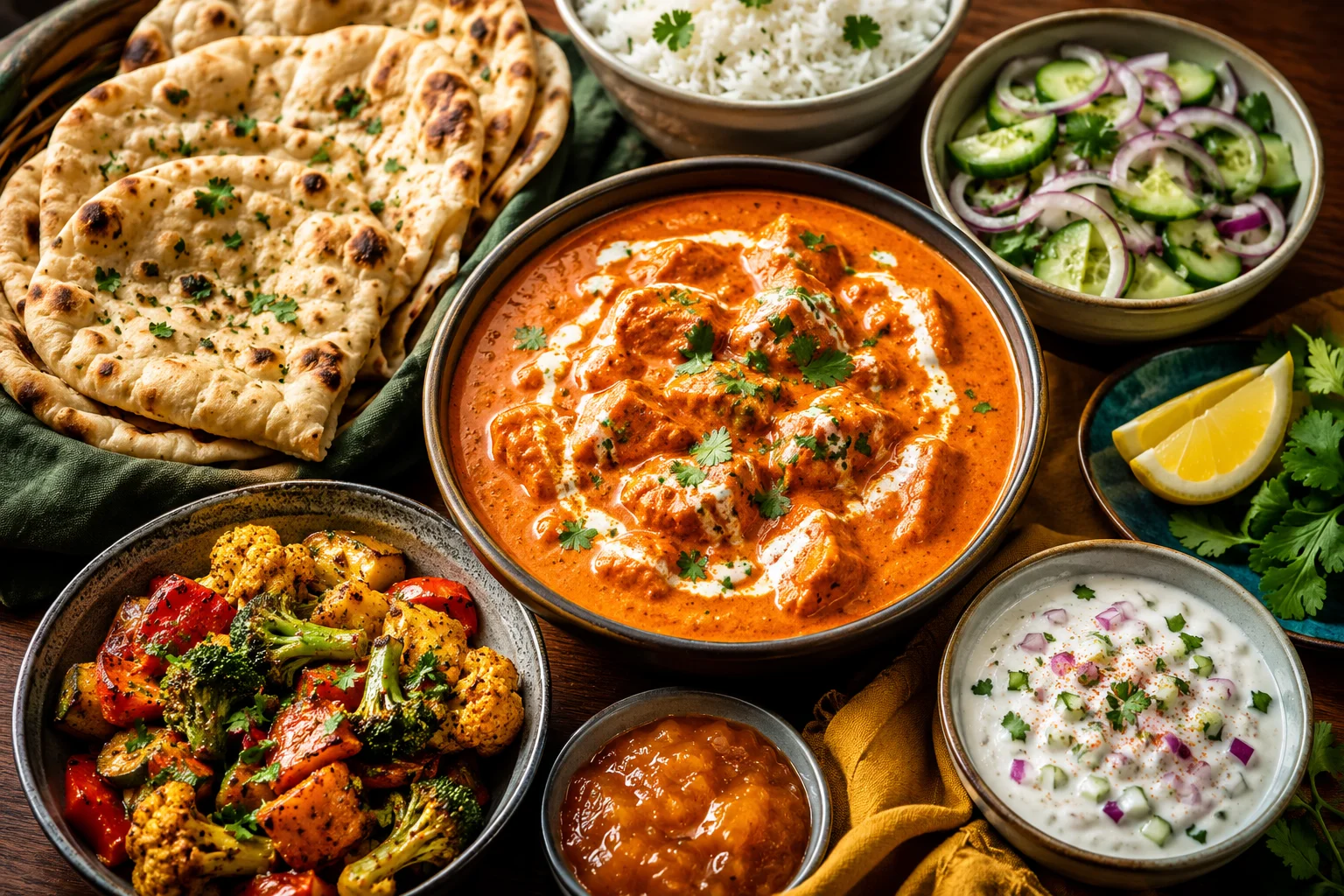 A butter chicken dinner spread with naan, basmati rice, raita, and salad on a table