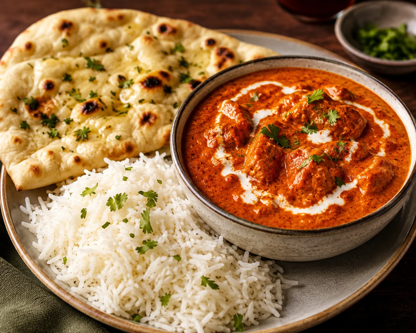 Fluffy basmati rice and warm naan plated next to a bowl of butter chicken
