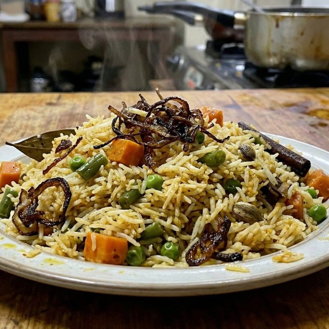 Vegetable Pulao with Fried Onions