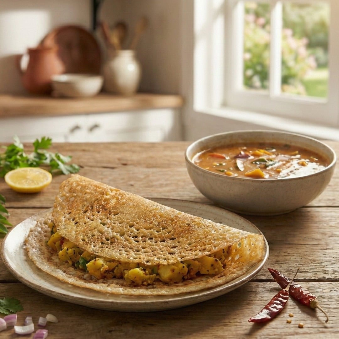 Crispy Rava Masala Dosa with Bengaluru Sambar