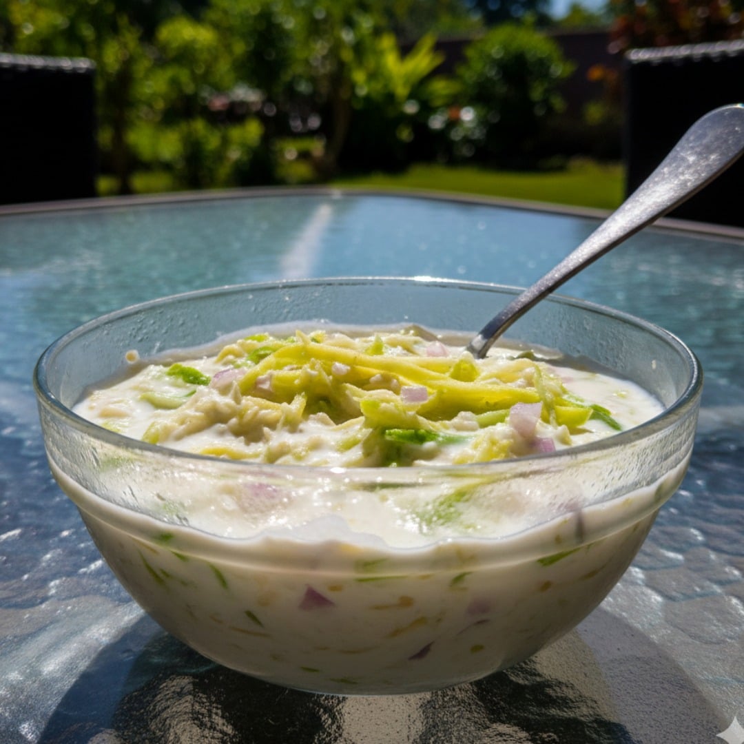 Kanda Poha Kairi Raita (Onion, Poha, Raw Mango Raita)